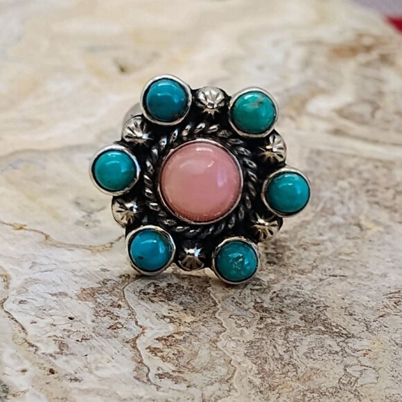Artisan Jewelry - Petit Point Turquoise Cluster Pink Conch Shell Ring Size 8 Crown of Thorns